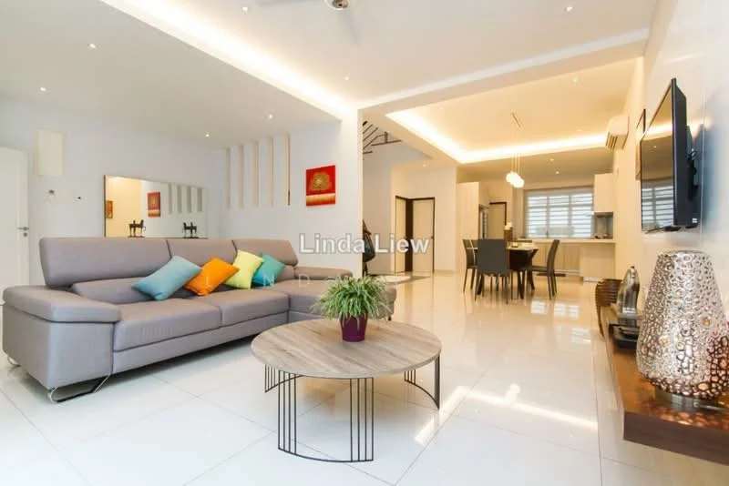 Living features: grey leather sectional sofa, colorful throw pillows, round wooden coffee table, white tiled flooring, recessed LED downlights, wall-mounted TV, decorative table lamp, open layout to dining area, large windows with sheer curtains; style: modern.