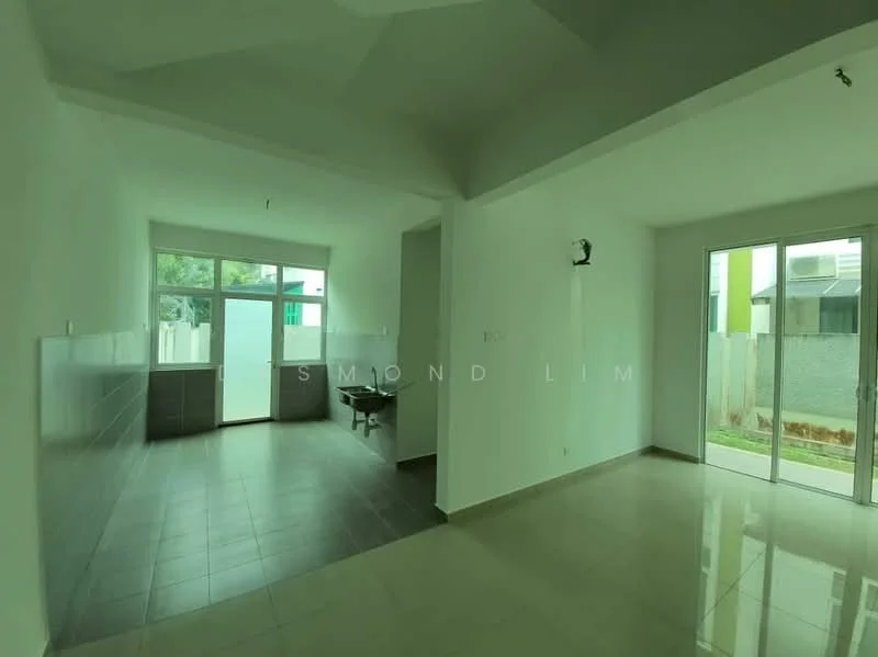 Room features: white painted walls, grey tiled flooring, large windows, sliding glass door, natural light, high ceiling, open layout, kitchen area, dining area, access to outdoor space; style: modern; view: garden.