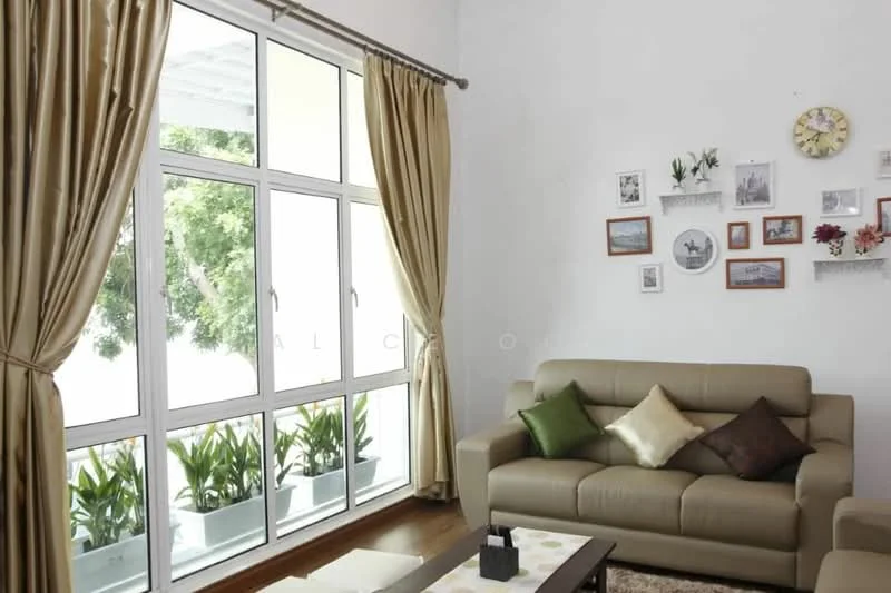Living features: 3-seater beige leather sofa, decorative cushions in green and brown, wooden flooring, large floor-to-ceiling windows, sheer curtains in beige, wall-mounted decorative frames, wall clock, potted plants on window sill, coffee table with decorative items; style: modern; view: garden.