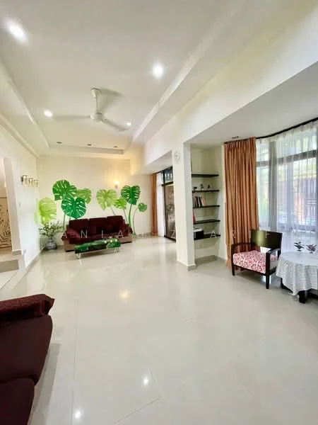 Living features: cream painted walls, white ceiling with recessed lighting, 5-blade ceiling fan, large windows with sheer curtains, brown fabric sofa, green accent wall with leaf motifs, glass coffee table, wooden side chairs, decorative bookshelf, tile flooring; style: modern; view: garden.