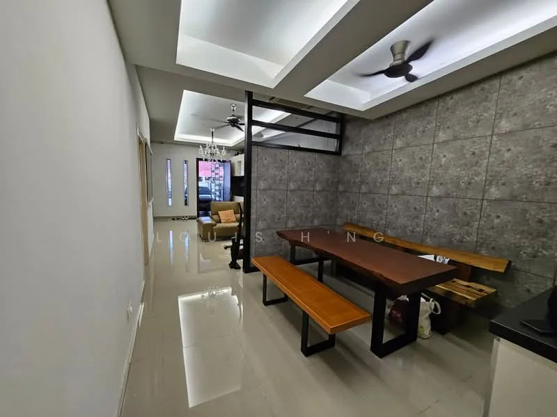Dining features: rectangular wooden dining table, two wooden benches, grey accent wall, recessed ceiling with LED lighting, 5-blade ceiling fan, polished tile flooring, large window with city view, decorative wall paneling; style: modern; view: city. Room features: white painted walls, neutral color scheme.