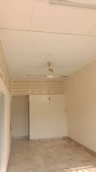 Room features: plain white walls, ceiling with recessed lighting, ceiling fan, marble tile flooring, window with louvered panels, open layout, neutral color scheme; style: modern.