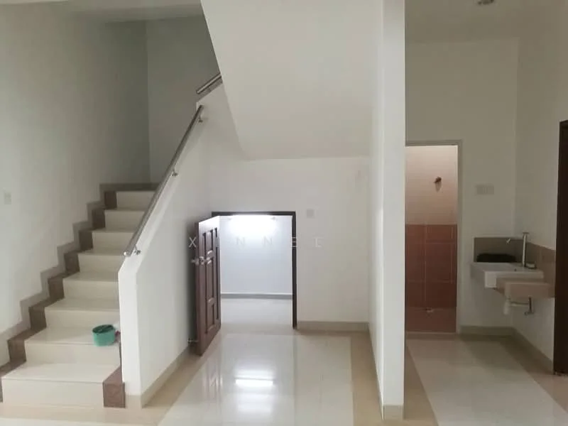 Room features: staircase with metal railing, white painted walls, cream tiled flooring, door with wooden frame, small sink with faucet, light fixture on ceiling, open space layout, window with no visible treatment; style: modern.