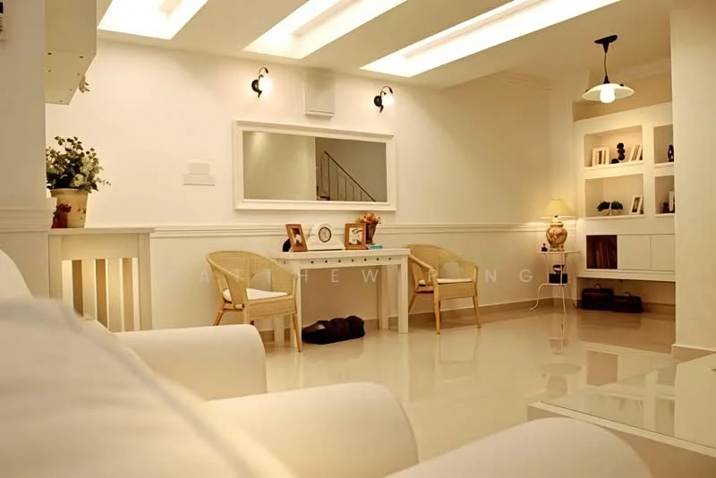Living features: white painted walls, recessed ceiling lights, pendant light, glossy tile flooring, white sofa, wooden side chairs, decorative wall shelf, framed artwork, console table, table lamp, built-in shelving unit, decorative plants; style: modern.