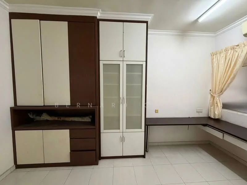 Room features: built-in cabinetry with white and brown finish, glass-front upper cabinets, lower cabinets with drawers, wall-mounted desk, cream-colored walls, white tiled flooring, curtains in light fabric, ceiling light fixture; style: modern.