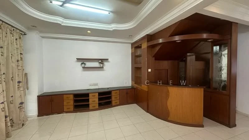 Living features: cream painted walls, white ceiling with crown moulding, tile flooring, built-in wooden cabinetry, dark wood entertainment unit, open shelving, recessed lighting, large window with curtain, corner bar area; style: traditional.