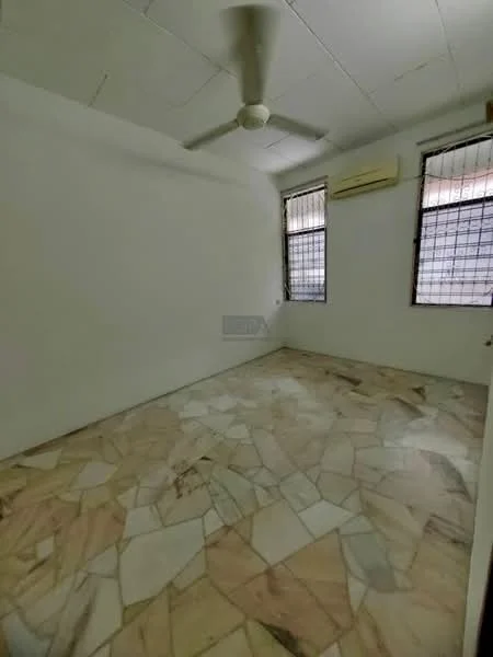 Room features: white painted walls, marble flooring, ceiling fan, two windows with grills, wall-mounted air conditioning unit.