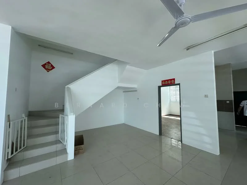 Room features: white painted walls, glossy floor tiles, staircase with white railing, ceiling fan, large windows for natural light, open layout, no visible furniture, neutral color scheme; style: modern.