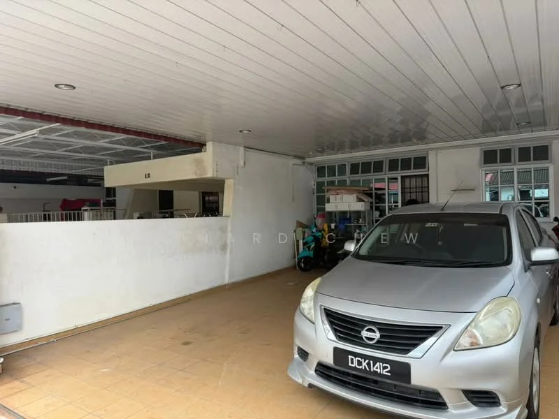 Exterior type: car porch; features: covered car porch, grey tiled flooring, white painted walls, metal roof, parking space for 1 car, exposed beams, windows with grilles, storage area visible, open space, access to residential area; style: modern.