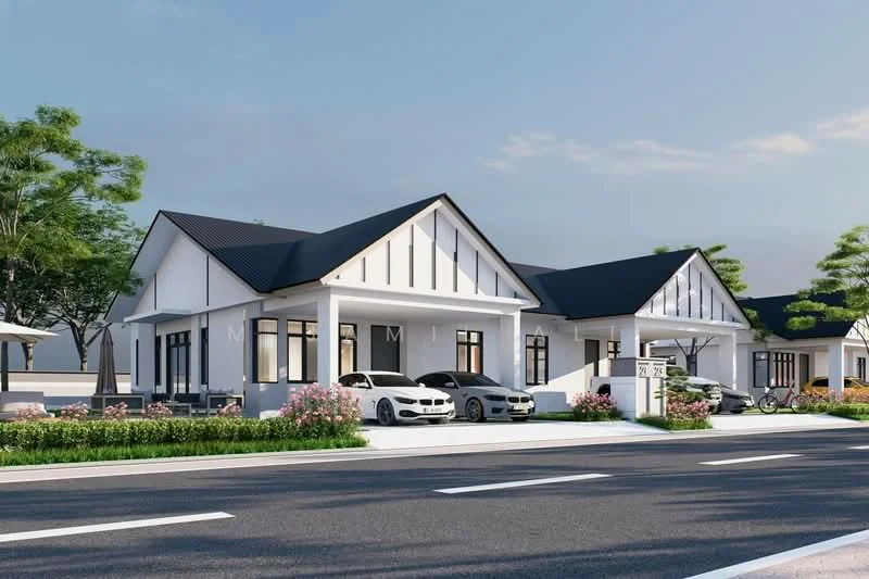 Exterior type: detached bungalow; features: white painted facade, pitched tile roof, two-car porch, landscaped garden with flowers, manicured lawn, driveway with interlocking pavers, large windows, outdoor seating area with umbrella, surrounded by greenery; style: modern.