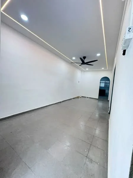 Room features: white painted walls, recessed ceiling lights, ceiling fan, grey tile flooring, open layout, arched doorway, no visible furniture, neutral color scheme; style: modern.