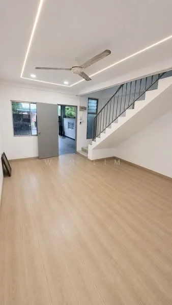Living features: laminate flooring, white painted walls, recessed LED downlights, 5-blade ceiling fan, floor-to-ceiling windows, sliding glass door, open space layout, staircase with metal railing; style: modern; view: garden.