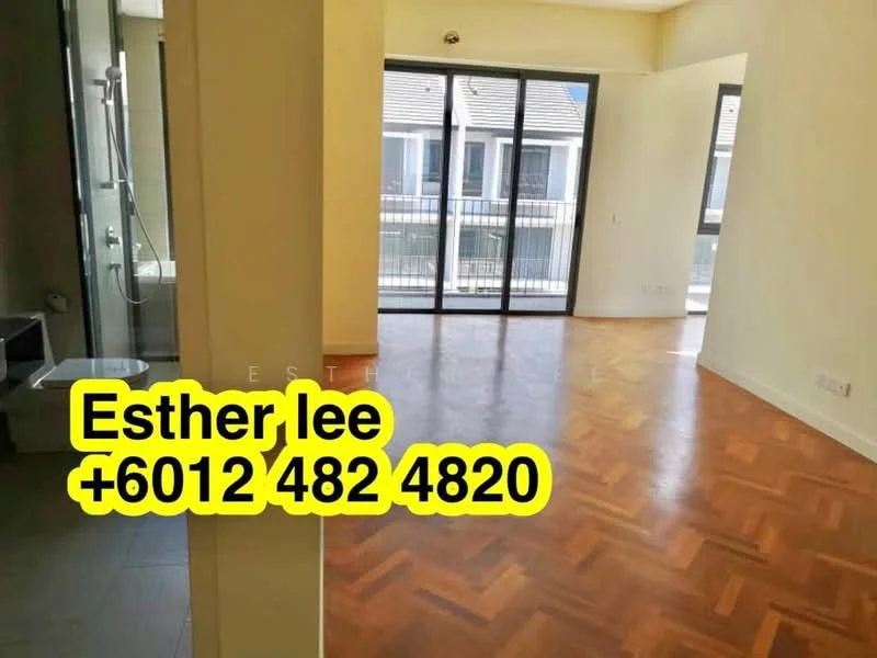 Room features: parquet wood flooring, large windows with sliding doors, balcony access, neutral wall color, recessed ceiling lights, open layout, corner unit, natural light; style: modern.