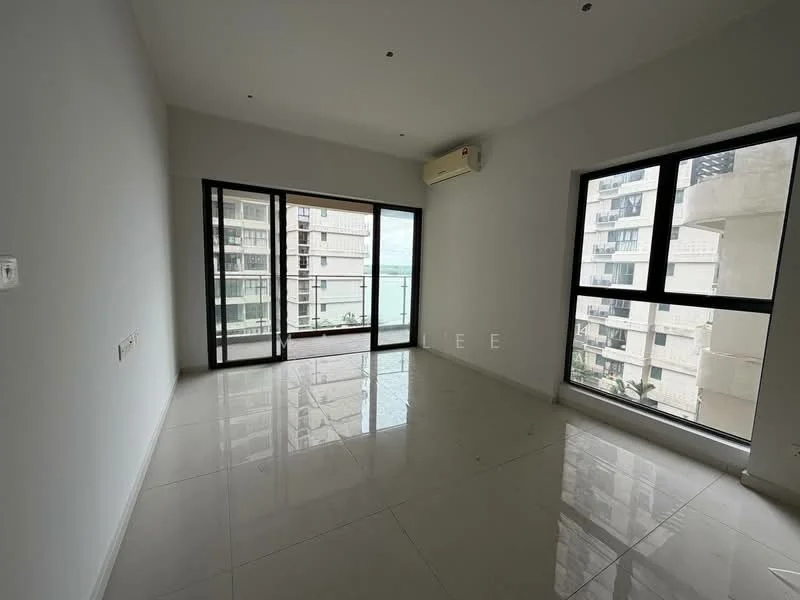 Living features: white painted walls, glossy ceramic tile flooring, floor-to-ceiling windows, sliding glass door, air conditioning unit, balcony access, natural light, neutral color scheme; style: modern; view: city.