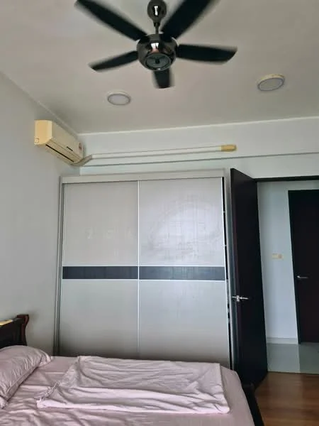 Bedroom features: queen-size bed with light bedding, 5-blade ceiling fan with light, wall-mounted split AC, built-in wardrobe with sliding doors, wooden flooring, recessed ceiling lights, neutral wall color, door leading to hallway; style: modern.