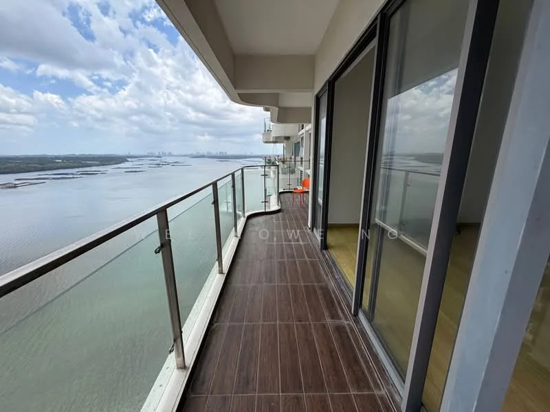 Room features: balcony, glass railing, waterfront view, city skyline view, wooden flooring, overhead ceiling, outdoor space, sunlight exposure; style: modern; view: sea.