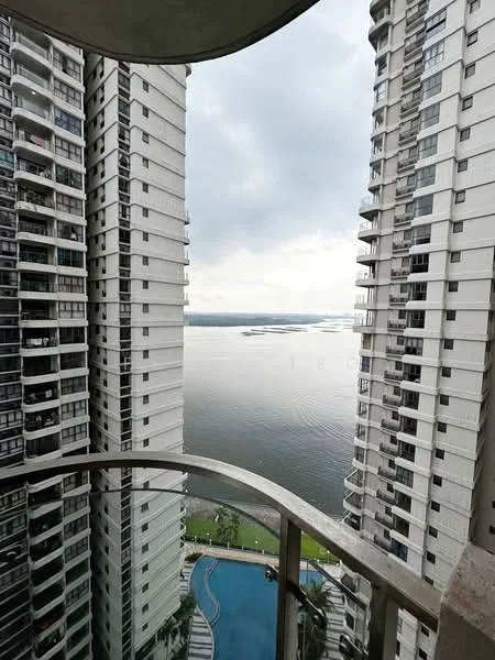Room features: balcony with railing, view of water, view of swimming pool, surrounded by high-rise buildings, cloudy sky, green landscaping; style: modern; view: sea.