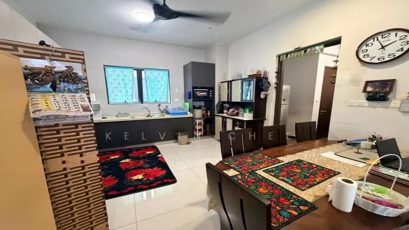 Kitchen features: white painted walls, glossy tile flooring, ceiling fan, kitchen cabinets in dark wood, stainless-steel sink, chrome pull-down faucet, built-in microwave, freestanding refrigerator, countertop with space for appliances, dining table with floral tablecloth, area rug with floral pattern, wall clock, window with light blue curtains; style: modern. Dining features: dining table, floral tablecloth, chairs, decorative items on table; style: modern.