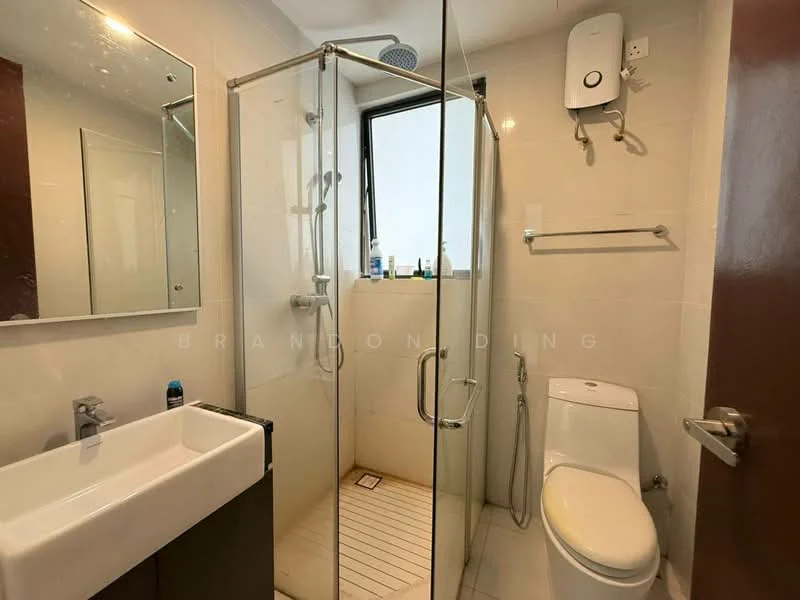 Bathroom features: walk-in shower with glass enclosure, rain shower head, handheld shower, single-sink vanity with white cabinet, chrome basin mixer, framed mirror, one-piece toilet, bidet spray, white tiled walls, white tiled flooring, wall-mounted water heater; style: modern.