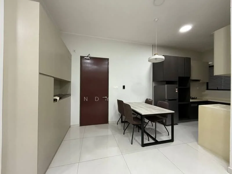 Kitchen features: white painted walls, cream cabinetry, black cabinetry, white tiled flooring, dining table with four chairs, refrigerator, built-in kitchen counter, kitchen sink, pendant light, window with blinds; style: modern.