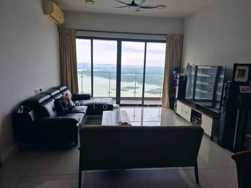 Living features: 3-seater black leather sofa, 2-seater black leather sofa, coffee table, TV console, wall-mounted TV, floor-to-ceiling windows, curtains, recessed ceiling lights, ceiling fan, white painted walls, glossy tile flooring; style: modern; view: sea.