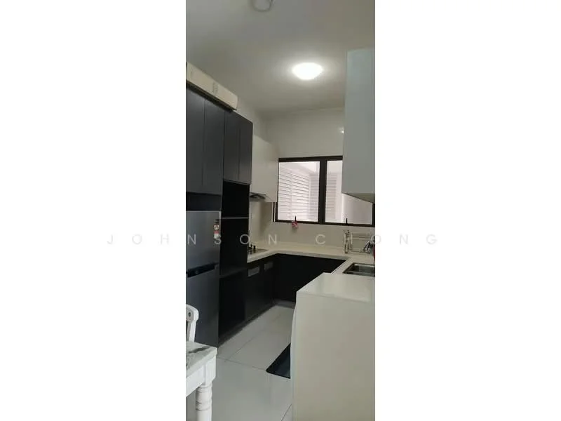 Kitchen features: black cabinetry, white countertops, stainless-steel sink, chrome pull-down faucet, built-in oven, freestanding range oven, refrigerator, tile flooring, wall-mounted cabinets, window with view to exterior, light fixture in ceiling, open shelving; style: modern.