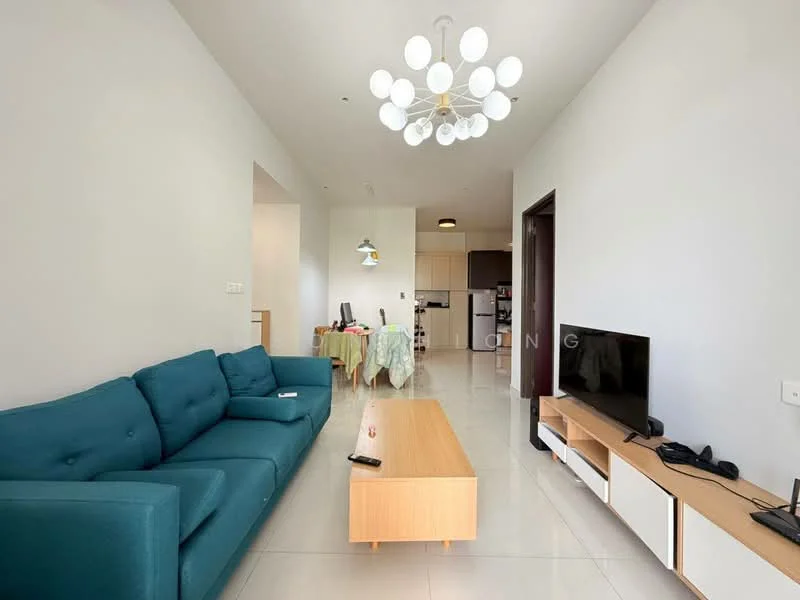 Living features: 3-seater fabric sofa in teal, wooden coffee table, wall-mounted TV, TV console with storage, recessed ceiling lights, pendant light fixture, white painted walls, glossy tile flooring, open layout to kitchen, floor-to-ceiling windows, decorative wall art; style: modern. Kitchen features: kitchen island, stainless-steel fridge, built-in oven, freestanding range oven, microwave, white cabinetry, black countertop, tile backsplash; style: modern.