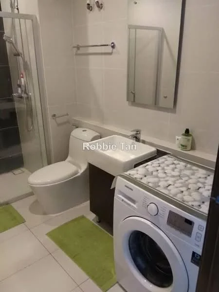 Bathroom features: white ceramic toilet, single-sink vanity with dark wood cabinet, chrome basin mixer faucet, framed mirror, walk-in shower with glass enclosure, shower head, white washing machine, tile flooring, light grey wall tiles, green bath mats; style: modern.