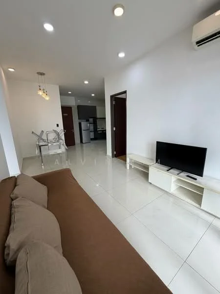 Living features: cream painted walls, white tiled flooring, recessed downlights, 3-blade ceiling fan, wall-mounted TV, TV console, sofa in brown fabric, dining table with chairs in background, air conditioning unit; style: modern.