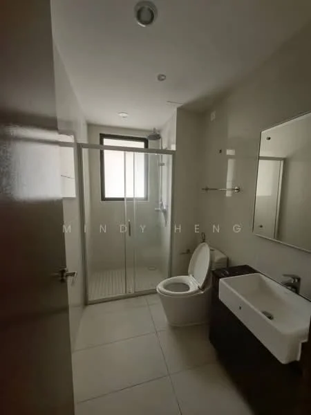 Bathroom features: white tiled walls, light grey tiled flooring, glass shower enclosure, rain shower head, single-sink vanity with dark wood cabinet, chrome basin mixer faucet, framed mirror, one-piece toilet, window for natural light, recessed ceiling lights; style: modern.