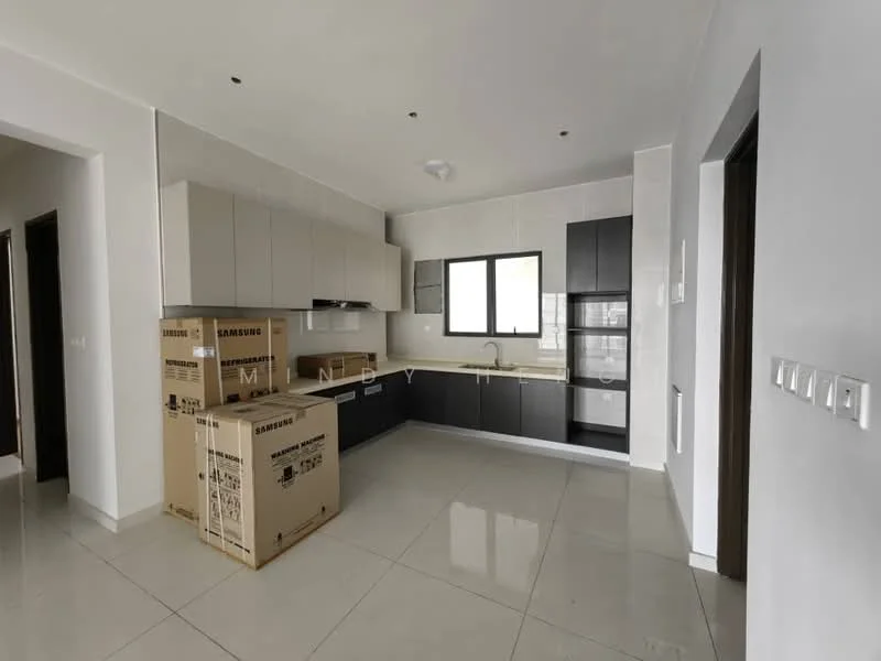 Kitchen features: white upper cabinets, dark lower cabinets, stainless-steel sink, chrome pull-down faucet, countertop with light color, built-in oven, built-in refrigerator, ceramic tile flooring, recessed downlights, window for natural light, open layout, boxes of appliances; style: modern.