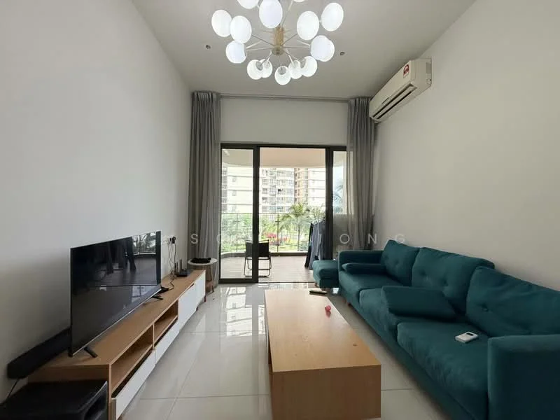 Living features: 3-seater fabric sofa in teal, coffee table, wall-mounted TV, TV console, floor-to-ceiling windows, sliding glass door, curtains, 5-blade ceiling fan with light, white painted walls, glossy tile flooring, air conditioning unit; style: modern; view: garden.