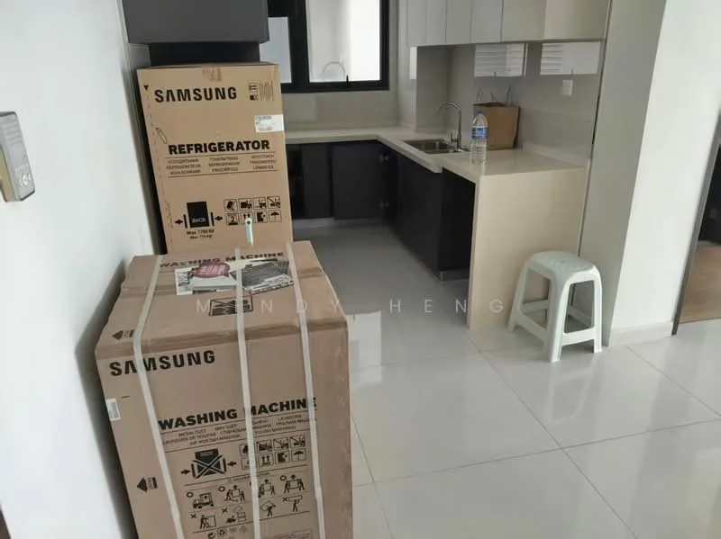 Kitchen features: white cabinetry, black countertop, stainless-steel sink, single-bowl stainless-steel sink, chrome pull-down faucet, built-in kitchen cabinets, white tiled flooring, refrigerator, washing machine, window, water bottle; style: modern. Room features: cardboard boxes, stool.
