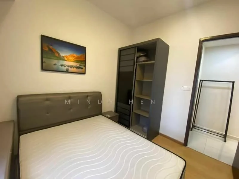 Bedroom features: queen-size bed, upholstered headboard, grey fabric bed frame, built-in wardrobe with sliding doors, wooden flooring, framed artwork on wall, nightstand, window with natural light; style: modern.