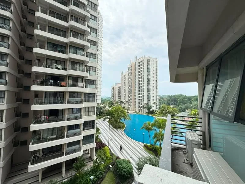 Exterior type: high-rise condominium; features: glass curtain wall, white painted facade, recessed balconies, infinity pool, manicured landscaping, palm trees, pool deck with loungers, surrounded by greenery; style: modern.