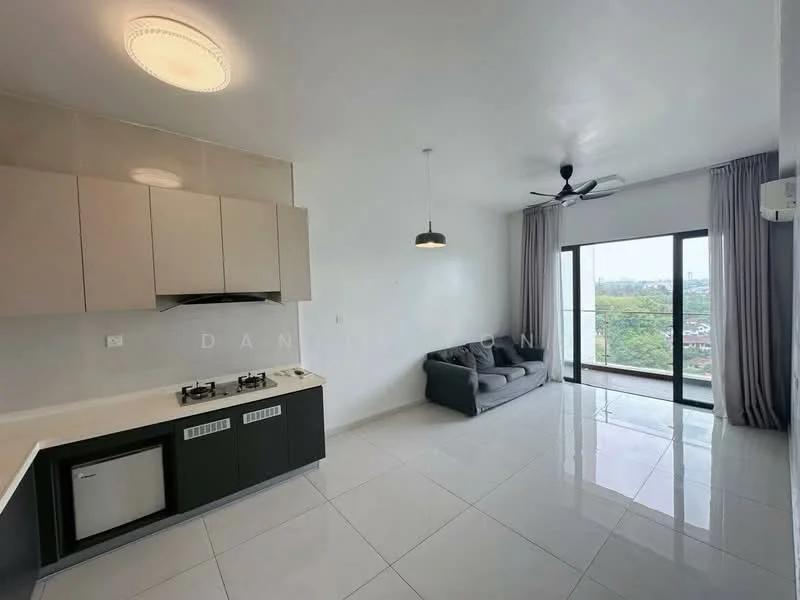 Living features: grey fabric sofa, white walls, white ceiling, recessed downlights, 5-blade ceiling fan, floor-to-ceiling windows, sliding glass door, curtains, glossy tile flooring, kitchenette with black cabinetry, stainless-steel gas hob, built-in refrigerator; style: modern; view: city.
