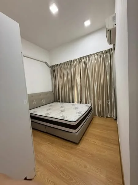 Bedroom features: queen-size bed, upholstered headboard, bedside lamps, built-in wardrobe, wooden flooring, recessed downlights, floor-to-ceiling curtains, wall-mounted split AC; style: modern.