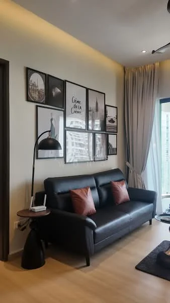 Living features: black leather sofa, two decorative cushions in orange, wooden side table, black floor lamp, framed artwork on walls, light wood flooring, sheer curtains, recessed downlights, wall-mounted TV, decorative rug; style: modern; view: city.