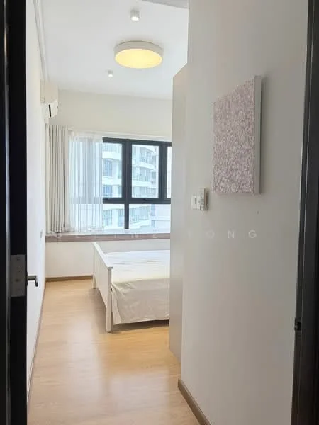 Bedroom features: wooden flooring, white painted walls, floor-to-ceiling windows, sheer curtains, queen-size bed, light fixture on ceiling, built-in wardrobe, window seat; style: modern; view: city.