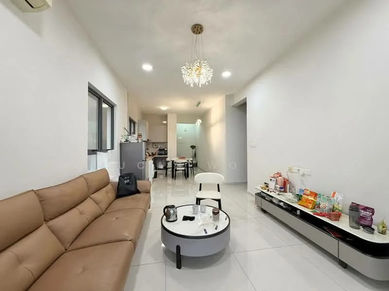 Living features: beige leather sofa, round coffee table, white walls, glossy white tile flooring, recessed LED downlights, chandelier, TV console, decorative items on console; style: modern. Kitchen features: open kitchen layout, grey cabinetry, stainless-steel appliances, kitchen island, dining table with chairs; style: modern.