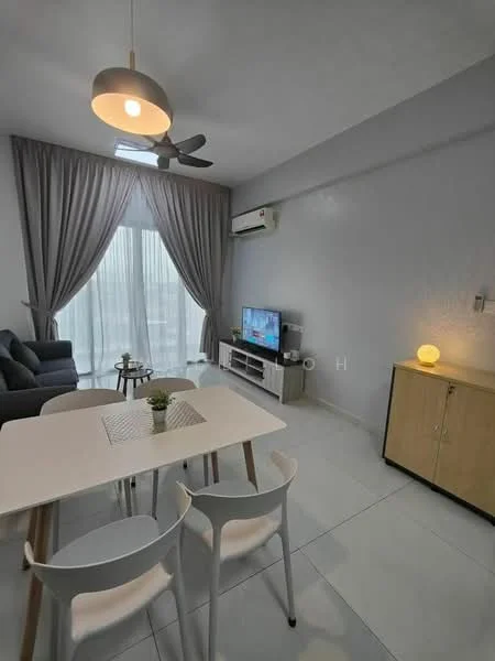 Living features: grey fabric sofa, 3-seater sofa, white coffee table, TV console, wall-mounted TV, ceiling fan with light, recessed downlights, floor-to-ceiling windows, sheer curtains, air conditioning unit, light wood cabinet, decorative lamp; style: modern; view: city. Dining features: 4-seater dining table, white dining chairs, table runner; style: modern.