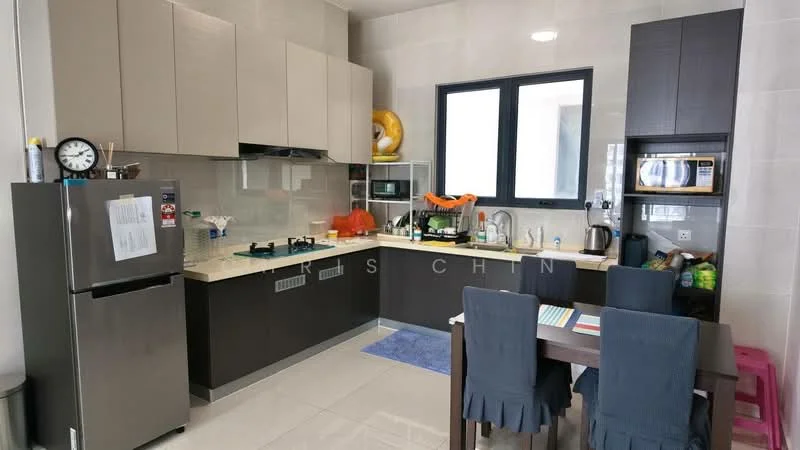 Kitchen features: stainless-steel fridge, built-in oven, freestanding range oven, 4-burner gas hob, grey cabinetry, white countertop, tile backsplash, microwave, dining table with chairs, floor-to-ceiling window, ceramic tile flooring, kitchen island, kitchen utensils visible; style: modern.