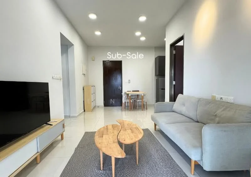 Living features: grey fabric sofa, wooden coffee table with curved design, TV console, wall-mounted TV, recessed ceiling lights, white painted walls, glossy tile flooring, area rug with geometric pattern, dining table with chairs; style: modern.