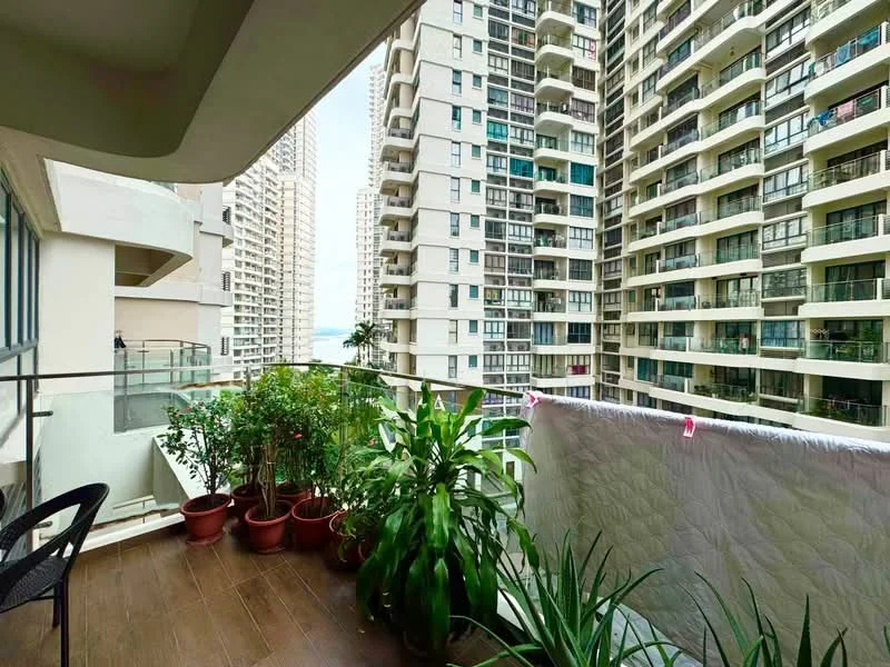Balcony features: glass railing, wooden flooring, potted plants, greenery, city view, clothes drying rack, attached to living room, spacious layout; style: modern; view: city.