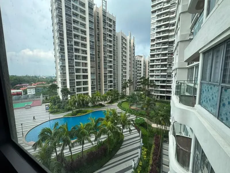 Exterior type: high-rise condominium; features: swimming pool, landscaped garden, manicured lawn, palm trees, modern architecture, multiple high-rise buildings, walkway with interlocking pavers, balconies on buildings; style: modern.