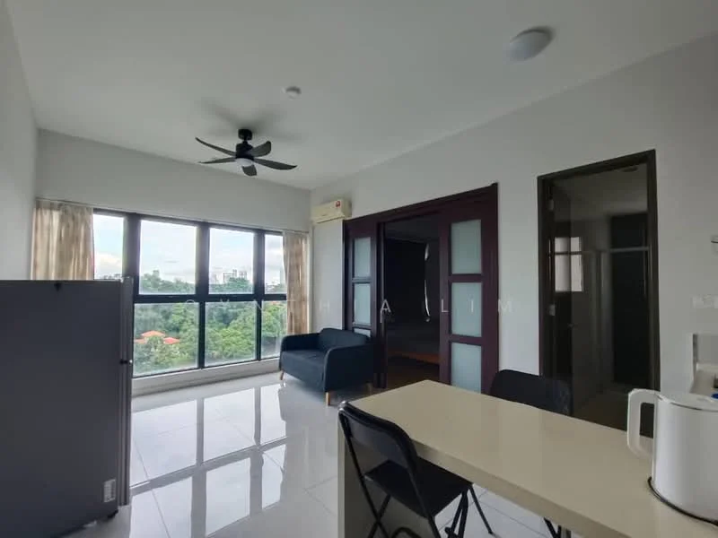 Living features: floor-to-ceiling windows, sliding glass door, 3-blade ceiling fan, white painted walls, glossy tile flooring, sofa in navy blue, dining table with 2 chairs, refrigerator, kettle; style: modern; view: garden. Room features: white painted walls, glossy tile flooring.