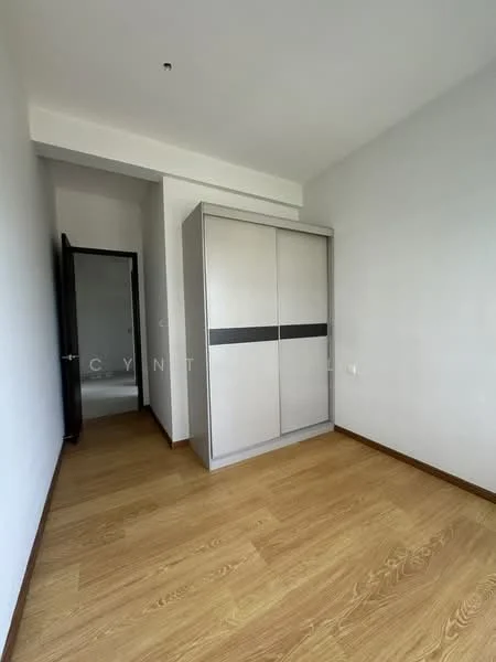 Bedroom features: laminate flooring, white painted walls, built-in wardrobe with sliding doors, single door leading to bathroom, natural light from window, no visible ceiling fixture, neutral color scheme; style: modern.