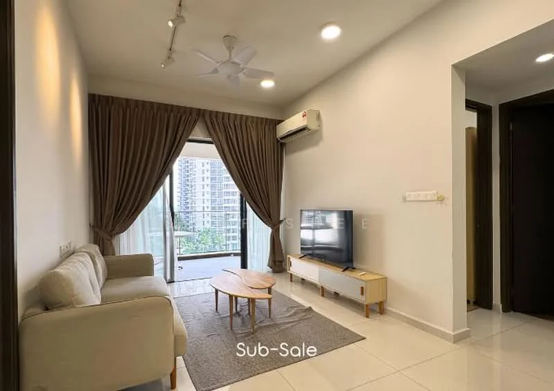 Living features: 3-seater fabric sofa in cream, coffee table, wall-mounted TV, floor-to-ceiling windows, sheer curtains, recessed downlights, ceiling fan, area rug with geometric pattern, white painted walls, light-colored tile flooring, air conditioning unit; style: modern; view: city.