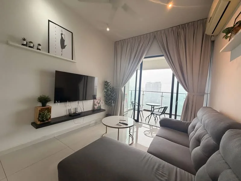 Living features: grey fabric sofa, round coffee table, wall-mounted TV, white painted walls, sliding glass door, floor-to-ceiling windows, curtains, ceiling fan, decorative plant, shelf with decorative items, tile flooring; style: modern; view: city.