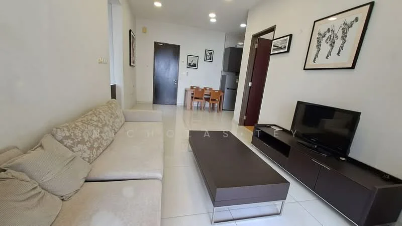 Living features: 3-seater fabric sofa in light beige, coffee table with dark wood finish, wall-mounted TV, TV console with storage, white painted walls, recessed downlights, tile flooring, decorative artwork on walls, dining area with wooden dining table and 4 chairs, door leading to hallway, door leading to kitchen; style: modern.